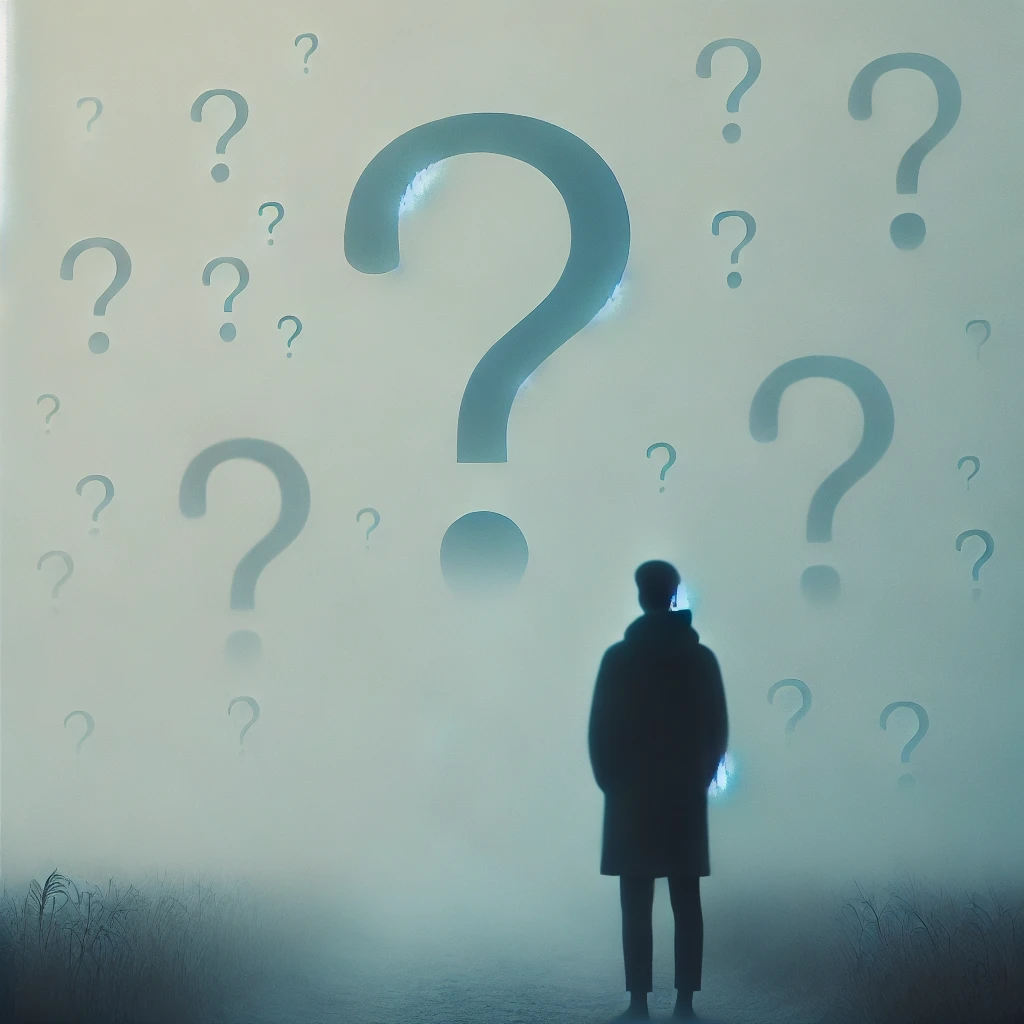 DALL·E 2025-03-23 15.37.49 - A minimalist, atmospheric scene with very subtle and faint question marks in muted blue and grey tones, barely visible and blending almost entirely in Trauma Fragen